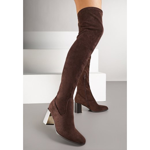 Brązowe Długie Kozaki za Kolano z Imitacji Zamszu na Metalicznym Obcasie Renee 37 renee.pl