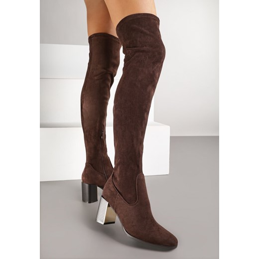 Brązowe Długie Kozaki za Kolano z Imitacji Zamszu na Metalicznym Obcasie Renee 40 renee.pl