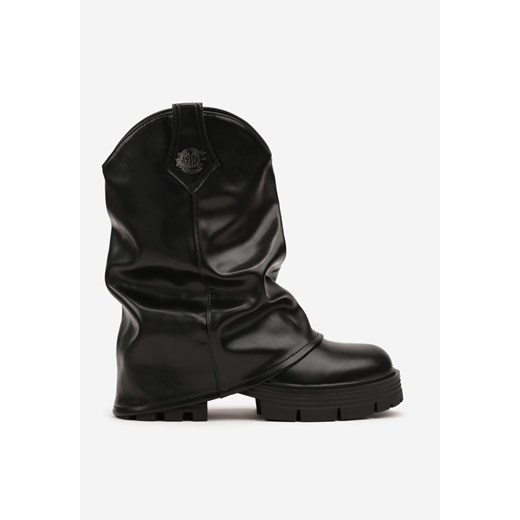 Czarne Botki z Marszczoną Wywiniętą Cholewką i Ozdobą Gafire 38 born2be.pl