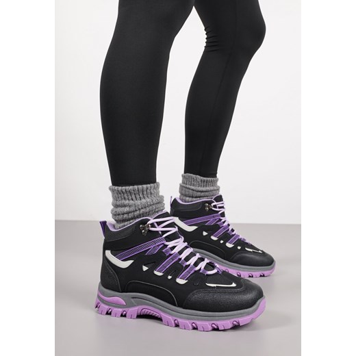 Czarno-Fioletowe Buty Trekkingowe Traperki Vices ze Sznurowaną Cholewką Afellie ze sklepu renee.pl w kategorii Workery damskie - zdjęcie 185708875
