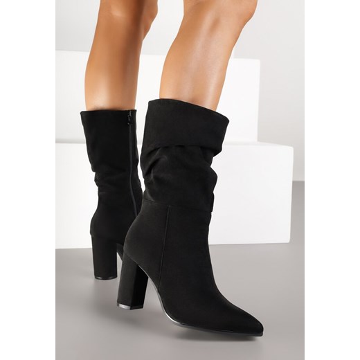 Czarne Botki na Słupku z Marszczoną Cholewką z Imitacji Zamszu Leavie ze sklepu born2be.pl w kategorii Botki - zdjęcie 185710937