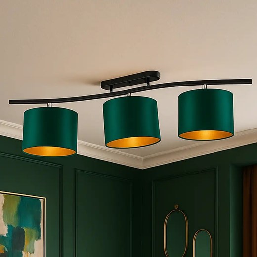 Potrójna regulowana lampa sufitowa na listwie CARTAGENA GOLD w stylu urban jungle z abażurami w kolorze zieleni butelkowej ze sklepu Lysne w kategorii Lampy sufitowe - zdjęcie 185715706