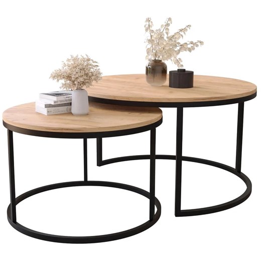 Zestaw 2 Okrągłych Stolików W Stylu Loft Dąb Craft Złoty P8-A69 ze sklepu Edinos.pl w kategorii Stoliki kawowe - zdjęcie 185717707
