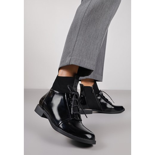 Czarne Sznurowane Lakierowane Botki Vices z Elastycznymi Wstawkami Ganddie 36 born2be.pl