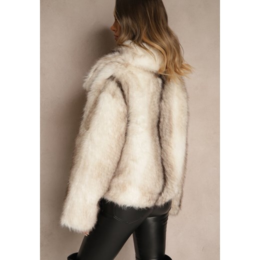 Beżowo-Biała Futrzana Kurtka z Efektowym Kołnierzem Tulesea Renee M renee.pl