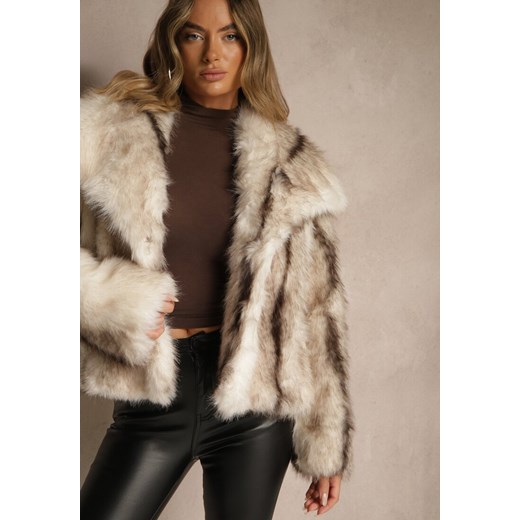 Beżowo-Biała Futrzana Kurtka z Efektowym Kołnierzem Tulesea Renee S renee.pl