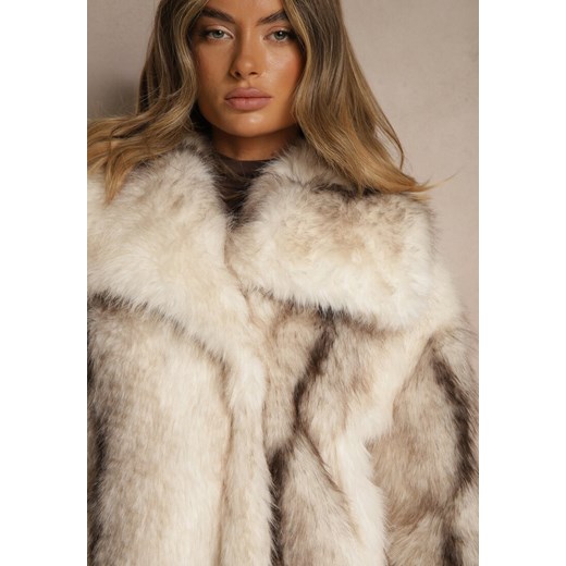 Beżowo-Biała Futrzana Kurtka z Efektowym Kołnierzem Tulesea Renee S renee.pl
