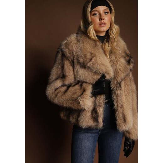 Beżowa Kurtka Futerko z Ozdobnym Kołnierzem Fitene ze sklepu renee.pl w kategorii Futra damskie - zdjęcie 185728778