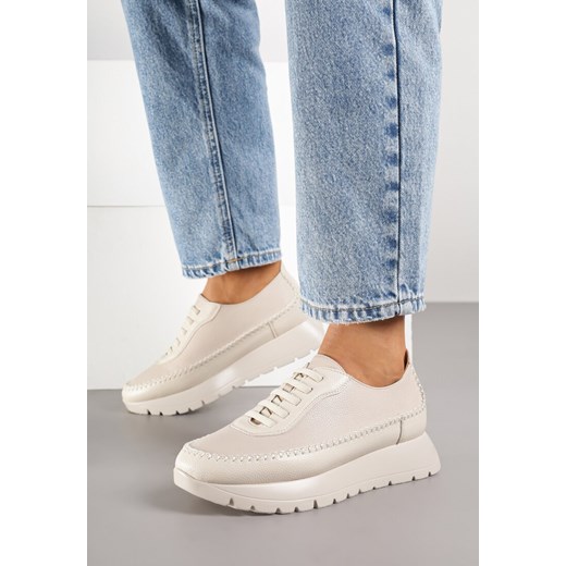 Beżowe Półbuty Sneakersy Potocki na Grubej Podeszwie z Elastycznymi Sznurówkami Tulemarie ze sklepu born2be.pl w kategorii Półbuty damskie - zdjęcie 185729036