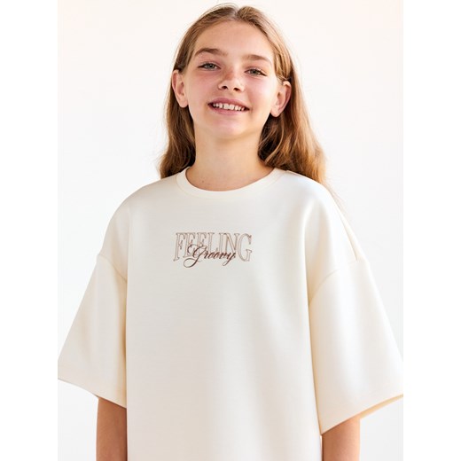 Reserved - T-shirt z haftem - kremowy ze sklepu Reserved w kategorii Bluzki dziewczęce - zdjęcie 185732178