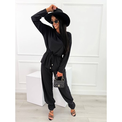 Czarny Prążkowany Komplet Bluzka + Spodnie Wide Leg Modnakiecka.pl 42 ModnaKiecka.pl