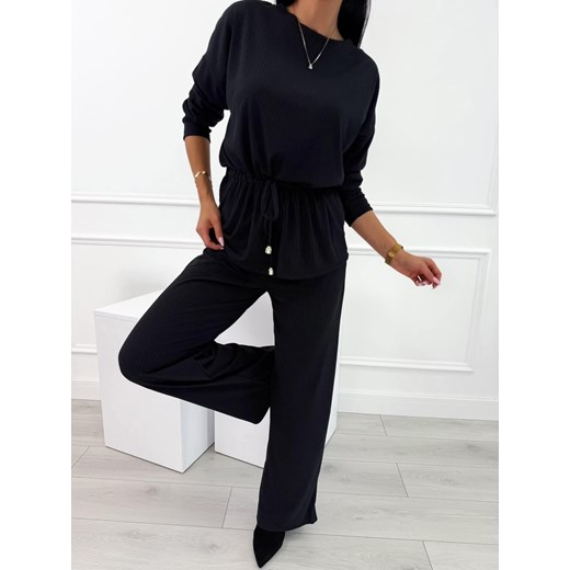 Czarny Prążkowany Komplet Bluzka + Spodnie Wide Leg Modnakiecka.pl 42 ModnaKiecka.pl