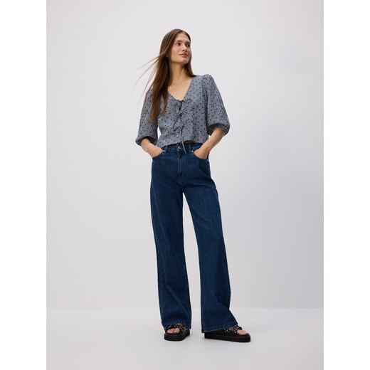 Reserved - Jeansy wide leg z dodatkiem lnu - granatowy ze sklepu Reserved w kategorii Jeansy damskie - zdjęcie 185750878
