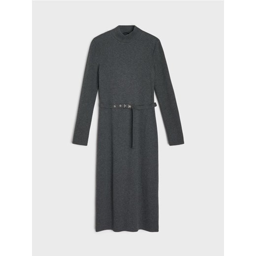Sinsay - Sukienka midi z bawełną i ozdobnym paskiem - szary Sinsay M Sinsay