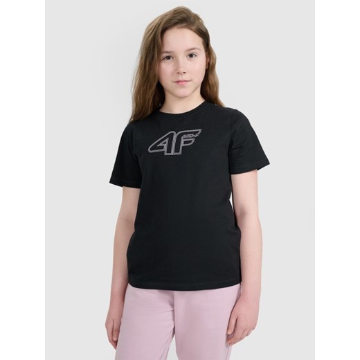 Dziewczęcy t-shirt z nadrukiem 4F 4FJWAW25TTSHF2388 - czarny ze sklepu Sportstylestory.com w kategorii Bluzki dziewczęce - zdjęcie 185769879