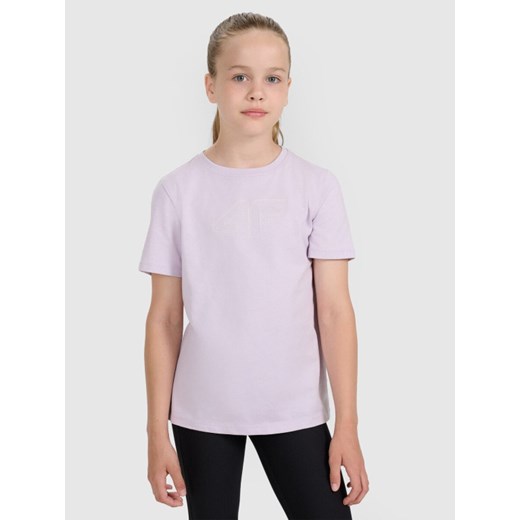 Dziewczęcy t-shirt z nadrukiem 4F 4FJWAW25TTSHF2388 - fioletowy ze sklepu Sportstylestory.com w kategorii Bluzki dziewczęce - zdjęcie 185769887