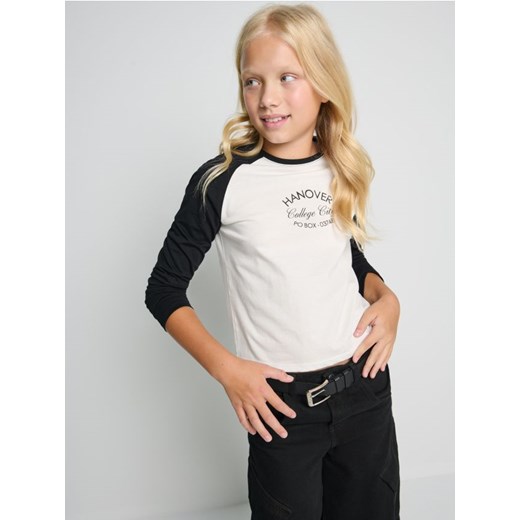 Sinsay - Bawełniana bluzka z kontrastową lamówką - kremowy ze sklepu Sinsay w kategorii Bluzki dziewczęce - zdjęcie 185787539