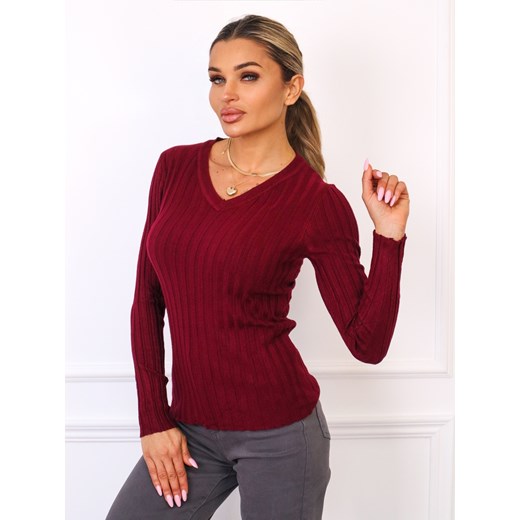 SWETER W PRĄŻKI Z DEKOLTEM W SEREK- BORDOWY ze sklepu olika.com.pl w kategorii Swetry damskie - zdjęcie 185794946