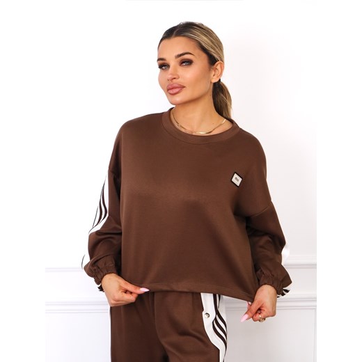 KOMPLET MASEŁKO BLUZA Z NASZYWKĄ+ SPODNIE ZAPINANE PO BOKACH- BRĄZOWY ze sklepu olika.com.pl w kategorii Komplety i garnitury damskie - zdjęcie 185794947