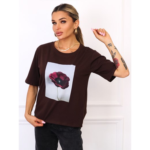 T-SHIRT Z NADRUKIEM KWIATKA- BRĄZOWY ze sklepu olika.com.pl w kategorii Bluzki damskie - zdjęcie 185794957