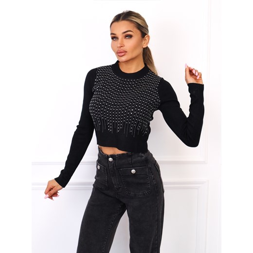 KRÓTKI SWETER ZDOBIONY CYRKONIAMI- CZARNY ze sklepu olika.com.pl w kategorii Swetry damskie - zdjęcie 185794985
