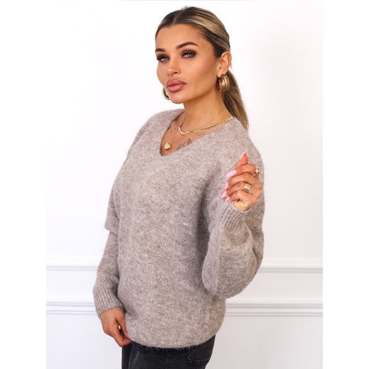 SWETER OVERSIZE Z DEKOLTEM W SEREK- BRĄZOWY Olika uniwersalny olika.com.pl