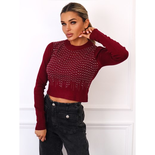 KRÓTKI SWETER ZDOBIONY CYRKONIAMI- BORDOWY ze sklepu olika.com.pl w kategorii Swetry damskie - zdjęcie 185795027