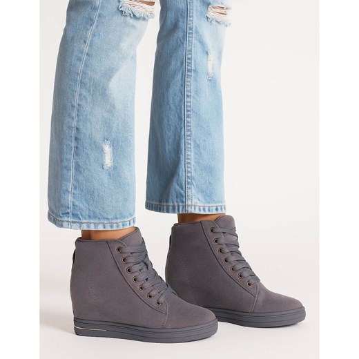 Szare sneakersy damskie na koturnie /D1-1 12768 T397/ ze sklepu Pantofelek24.pl w kategorii Botki - zdjęcie 185795229