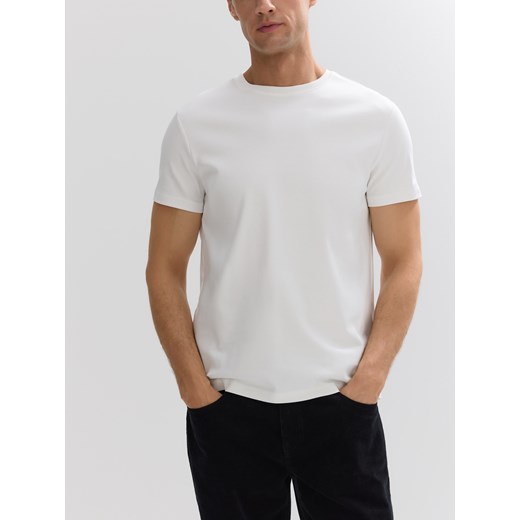 Reserved - T-shirt slim z bawełny merceryzowanej - złamana biel ze sklepu Reserved w kategorii T-shirty męskie - zdjęcie 185802175