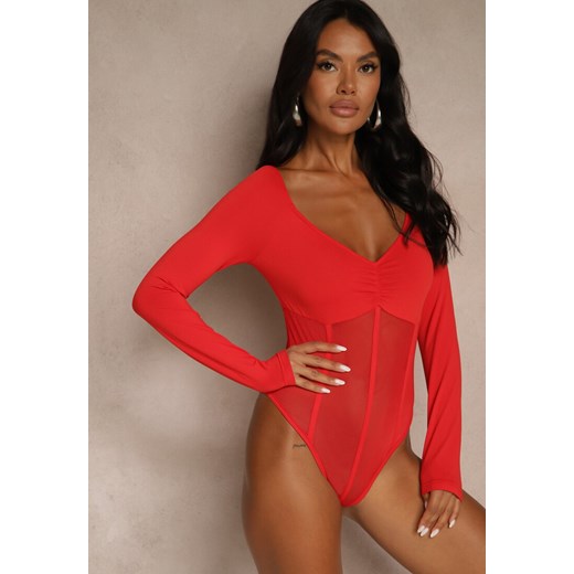 Czerwone Body Vices o Fasonie Longsleeve z Dekoltem w Kształcie V Asstre ze sklepu renee.pl w kategorii Body damskie - zdjęcie 185808166