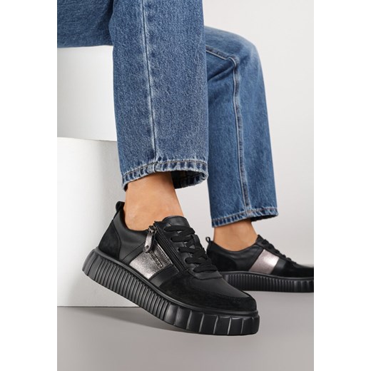 Czarne Skórzane Sneakersy Zdobione Metaliczną Wstawką Cerelie ze sklepu born2be.pl w kategorii Buty sportowe damskie - zdjęcie 185808229