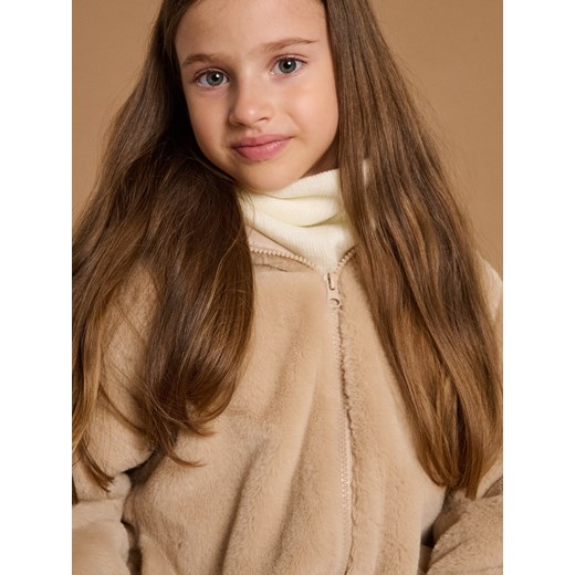 Sinsay - Płaszcz z miękkiego sztucznego futerka z kapturem - kremowy Sinsay 98 (2-3 l) Sinsay