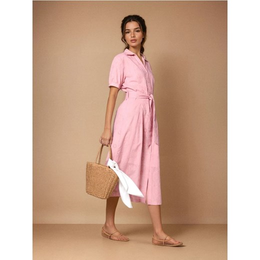 Sinsay - Bawełniana sukienka midi z kołnierzykiem - różowy ze sklepu Sinsay w kategorii Sukienki - zdjęcie 185811759