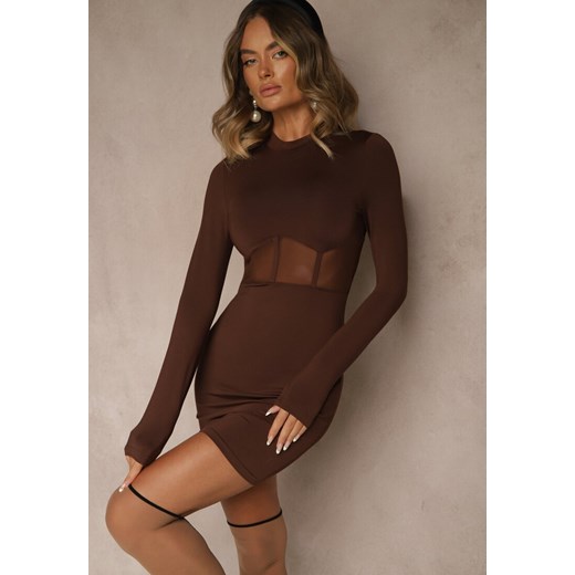 Brązowa Sukienka Vices Bodycon z Transparentną Wstawką Typu Gorset Necotte ze sklepu renee.pl w kategorii Sukienki - zdjęcie 185812127