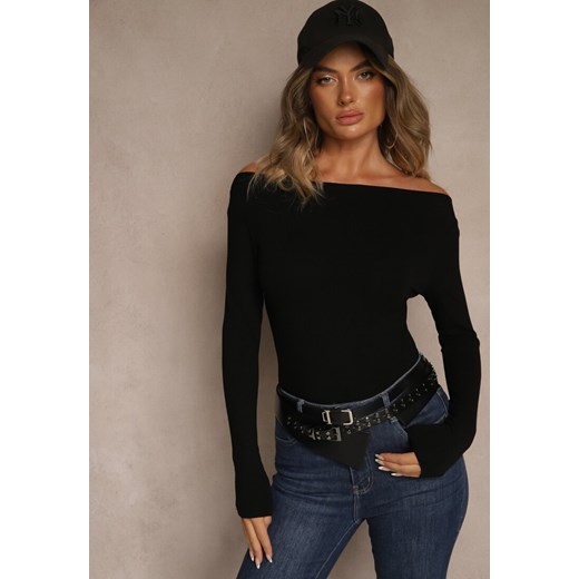 Czarna Wiskozowa Bluzka Longsleeve z Dekoltem Typu Łódka Zaide Renee S renee.pl