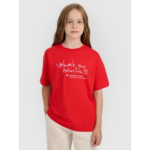 Dziewczęcy t-shirt z nadrukiem 4F 4FJRAW25TTSHF3188 - czerwony ze sklepu Sportstylestory.com w kategorii Bluzki dziewczęce - zdjęcie 185837578