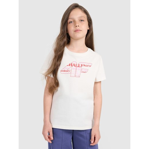 Dziewczęcy t-shirt z nadrukiem 4F 4FJRAW25TTSHF3189-11S - biały ze sklepu Sportstylestory.com w kategorii Bluzki dziewczęce - zdjęcie 185837587