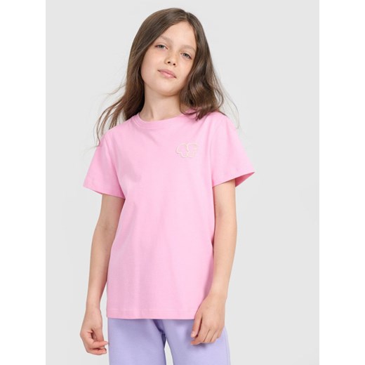 Dziewczęcy t-shirt z nadrukiem 4F 4FJRAW25TTSHF3199 - różowy ze sklepu Sportstylestory.com w kategorii Bluzki dziewczęce - zdjęcie 185837638