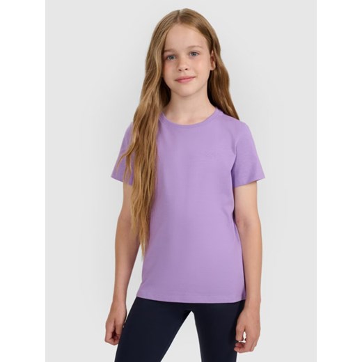 Dziewczęcy t-shirt bez nadruku 4F 4FJRAW25TTSHF3233 - fioletowy ze sklepu Sportstylestory.com w kategorii Bluzki dziewczęce - zdjęcie 185837707
