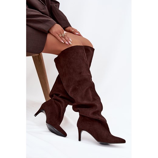 Damskie Wsuwane Kozaki Na Szpilce Czekoladowe Mavilla ze sklepu ZAZOO w kategorii Kozaki damskie - zdjęcie 185841228