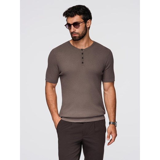 T-shirt męski dzianinowy z guzikami przy dekolcie – popielaty V4 OM-TSCT-0254 ze sklepu ombre w kategorii T-shirty męskie - zdjęcie 185843117