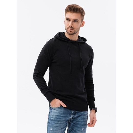 Męska bluza dzianinowa z kapturem - czarna V2 B1532 ze sklepu ombre w kategorii Bluzy męskie - zdjęcie 185843289