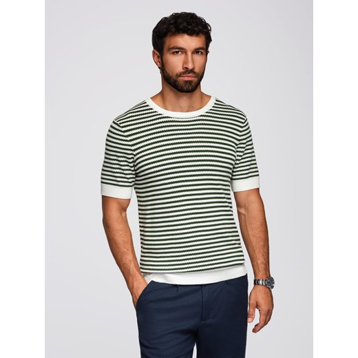 Męski dzianinowy t-shirt w marynarskie paski z ażurowym splotem – oliwkowo-biały V3 OM-TSCT-0255 ze sklepu ombre w kategorii T-shirty męskie - zdjęcie 185843405