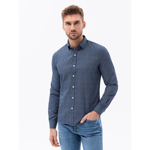 Bawełniana koszula męska z mikro printem paisley REGULAR FIT - granatowa V2 K636 ze sklepu ombre w kategorii Koszule męskie - zdjęcie 185843428