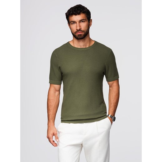 Strukturalna dzianinowa koszulka męska - oliwkowa V1 OM-TSCT-0253 ze sklepu ombre w kategorii T-shirty męskie - zdjęcie 185843509