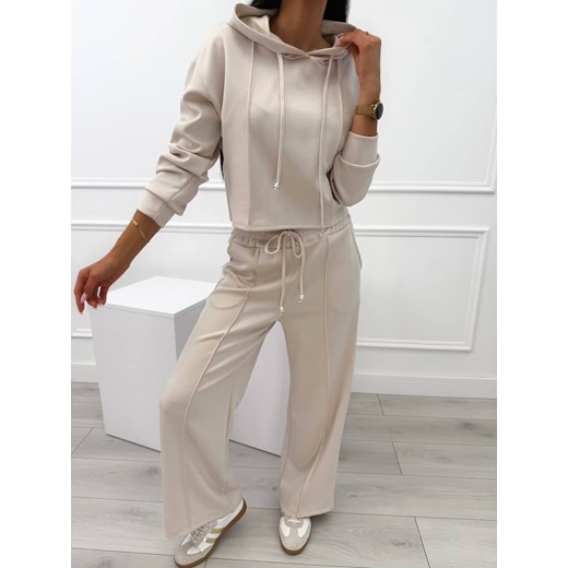 Beżowy Komplet Krótka Bluza + Spodnie Wide Leg ze sklepu ModnaKiecka.pl w kategorii Komplety i garnitury damskie - zdjęcie 185844768