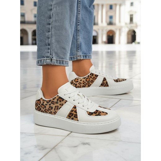 Damskie Sneakersy Calista Leopardia – Białe Skóra Eko Tkanina Wiosna 4cm ze sklepu royalfashion.pl w kategorii Buty sportowe damskie - zdjęcie 185844965