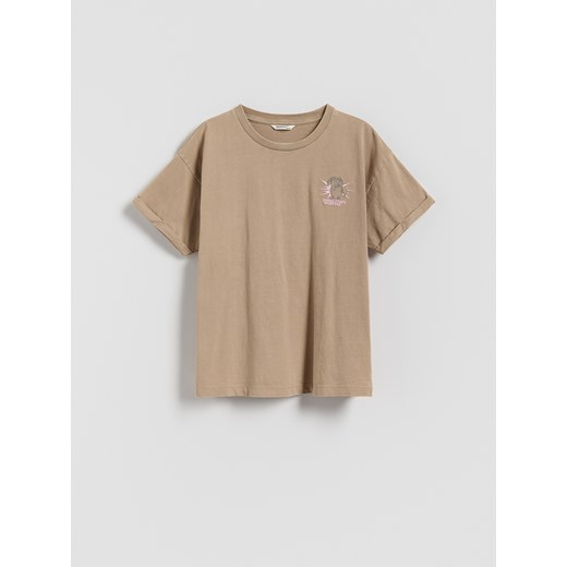 Reserved - T-shirt z nadrukiem i haftem - beżowy ze sklepu Reserved w kategorii Bluzki dziewczęce - zdjęcie 185848756