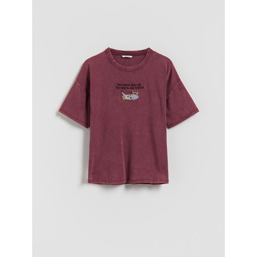 Reserved - Krótki t-shirt z haftem - bordowy ze sklepu Reserved w kategorii Bluzki dziewczęce - zdjęcie 185848765