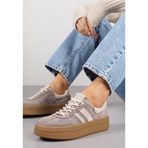 Jasnobrązowe Sneakersy Zamszowe na Platformie ze Skórzaną Wkładką Ozdobione Paskiem Adivrie ze sklepu renee.pl w kategorii Buty sportowe damskie - zdjęcie 185852199